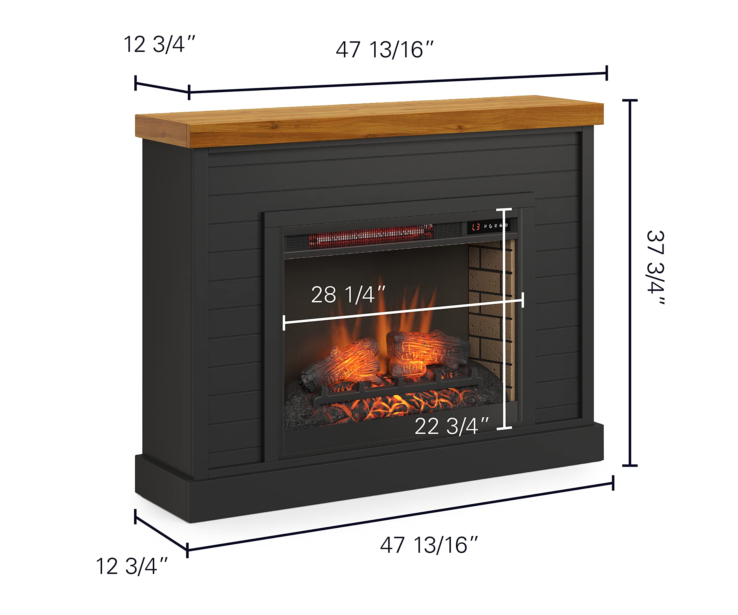 Bridgevine Home Washington Modern Farmhouse Electric Fireplace with Mantel, 48 inches, Poplar and Knotty Alder Solid Wood, Black and Whiskey Finish