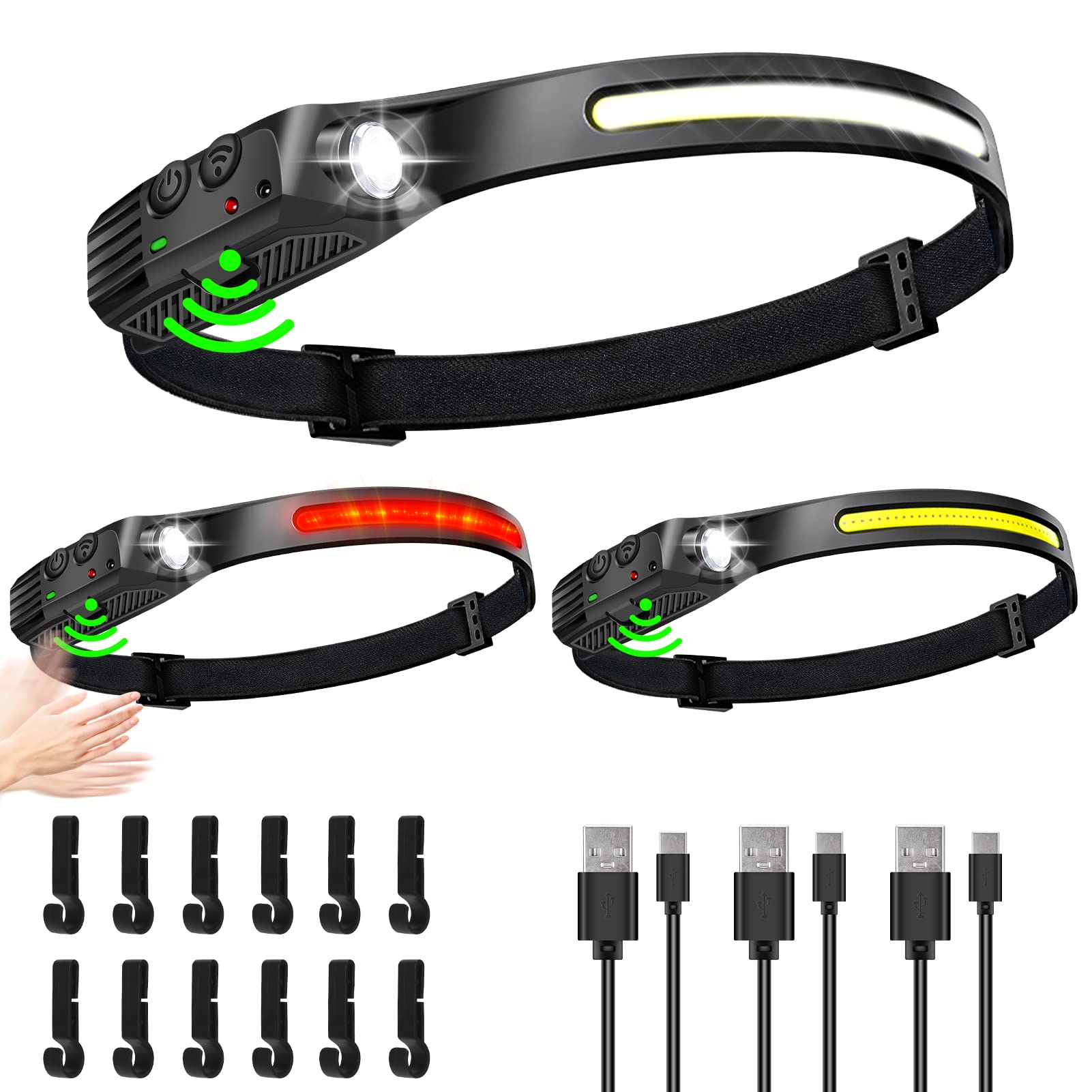 FZH LED Headlamp Rechargeable 3PCS, 230°Wide Beam & Spotlight Head Lamp with Red Light, Lightweight Adults Waterproof Headlamps Motion Sensor 6 Modes for Outdoor Running, Camping, Hiking