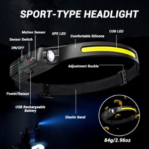 FZH LED Headlamp Rechargeable 3PCS, 230°Wide Beam & Spotlight Head Lamp with Red Light, Lightweight Adults Waterproof Headlamps Motion Sensor 6 Modes for Outdoor Running, Camping, Hiking