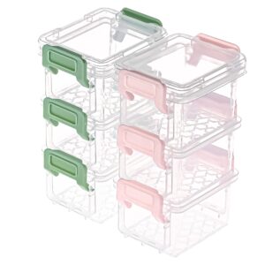 iskybob 6 packs small storage bins with lids, mini stackable plastic storage containers colorful bead organizer latch box small containers for organizing craft, small items, green+pink