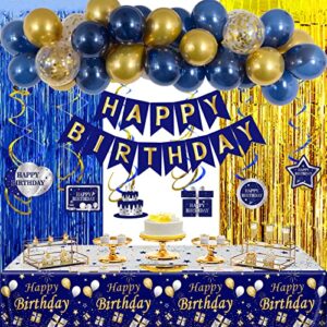 navy blue gold birthday party decorations for men women,happy birthday banner decorations party supplies backdrop confetti balloons tablecloth foil fringe curtains hanging swirls decors for boys girls