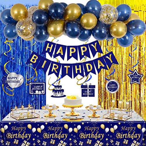 Navy Blue Gold Birthday Party Decorations for Men Women,Happy Birthday Banner Decorations Party Supplies Backdrop Confetti Balloons Tablecloth Foil Fringe Curtains Hanging Swirls Decors for Boys Girls