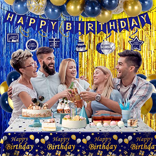 Navy Blue Gold Birthday Party Decorations for Men Women,Happy Birthday Banner Decorations Party Supplies Backdrop Confetti Balloons Tablecloth Foil Fringe Curtains Hanging Swirls Decors for Boys Girls