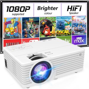 mini video projector, 1080p supported, portable outdoor movie projector, 176" display compatible with tv stick, hdmi, usb, vga, av for home entertainment