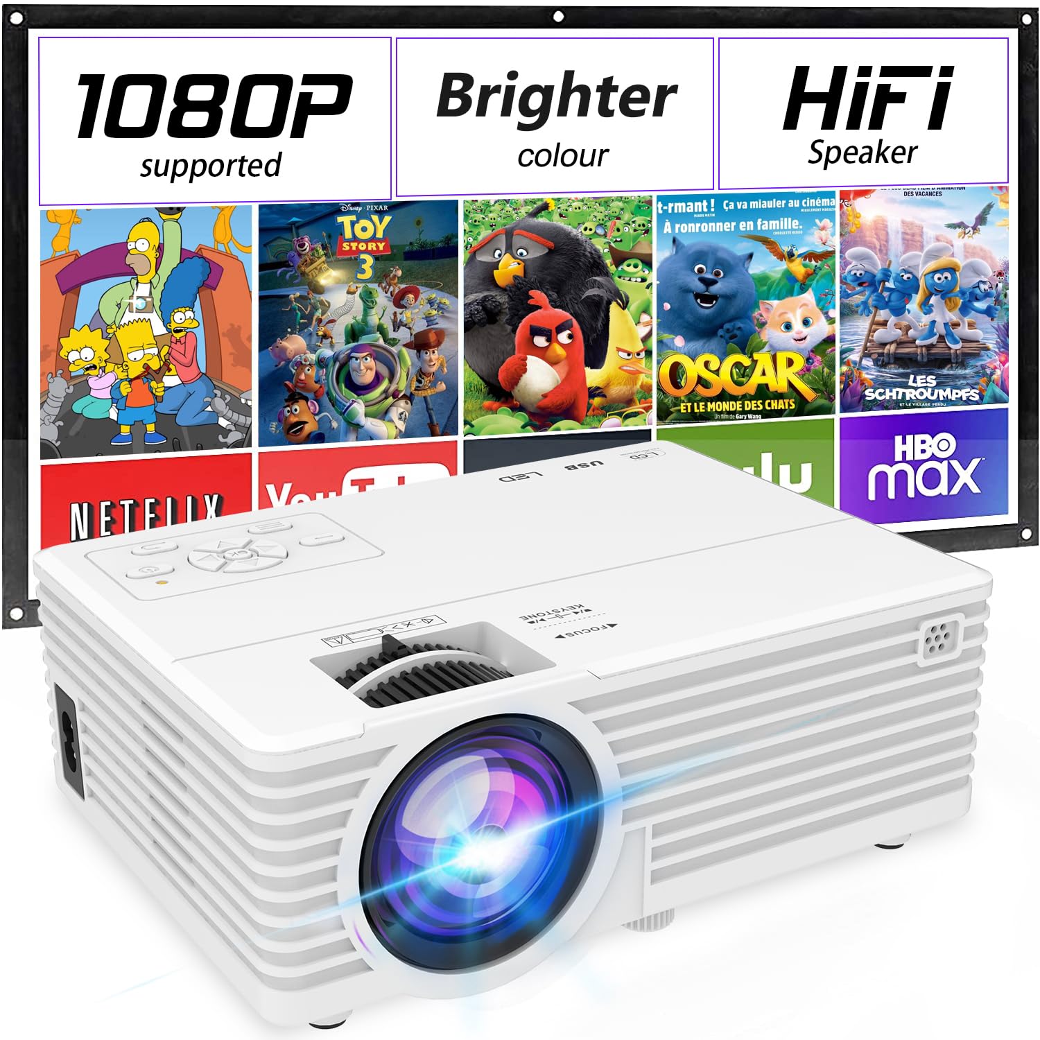 Mini Video Projector, 1080P Supported, Portable Outdoor Movie Projector, 176" Display Compatible with TV Stick, HDMI, USB, VGA, AV for Home Entertainment