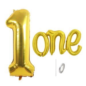 gold one balloons for first birthday, 40 inch big large giant number one gold balloon and script letter one banner, one party decorations, first birthday decorations for boy or girl