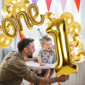 Gold One Balloons for First Birthday, 40 Inch Big Large Giant Number One Gold Balloon and Script Letter One Banner, One Party Decorations, First Birthday Decorations for Boy or Girl