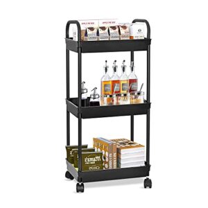 WASJOYE 3-Tier Plastic Rolling Utility Cart with Handle, Black Home Kitchen Office Storage Trolley Cart with Wheels (14 * 8.9 * 33.5 Inch)