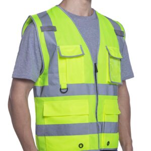 sesafety Safety Vests Reflective with 9 Pockets and Zipper,Class 2 Construction Vest for Men Neon Yellow L