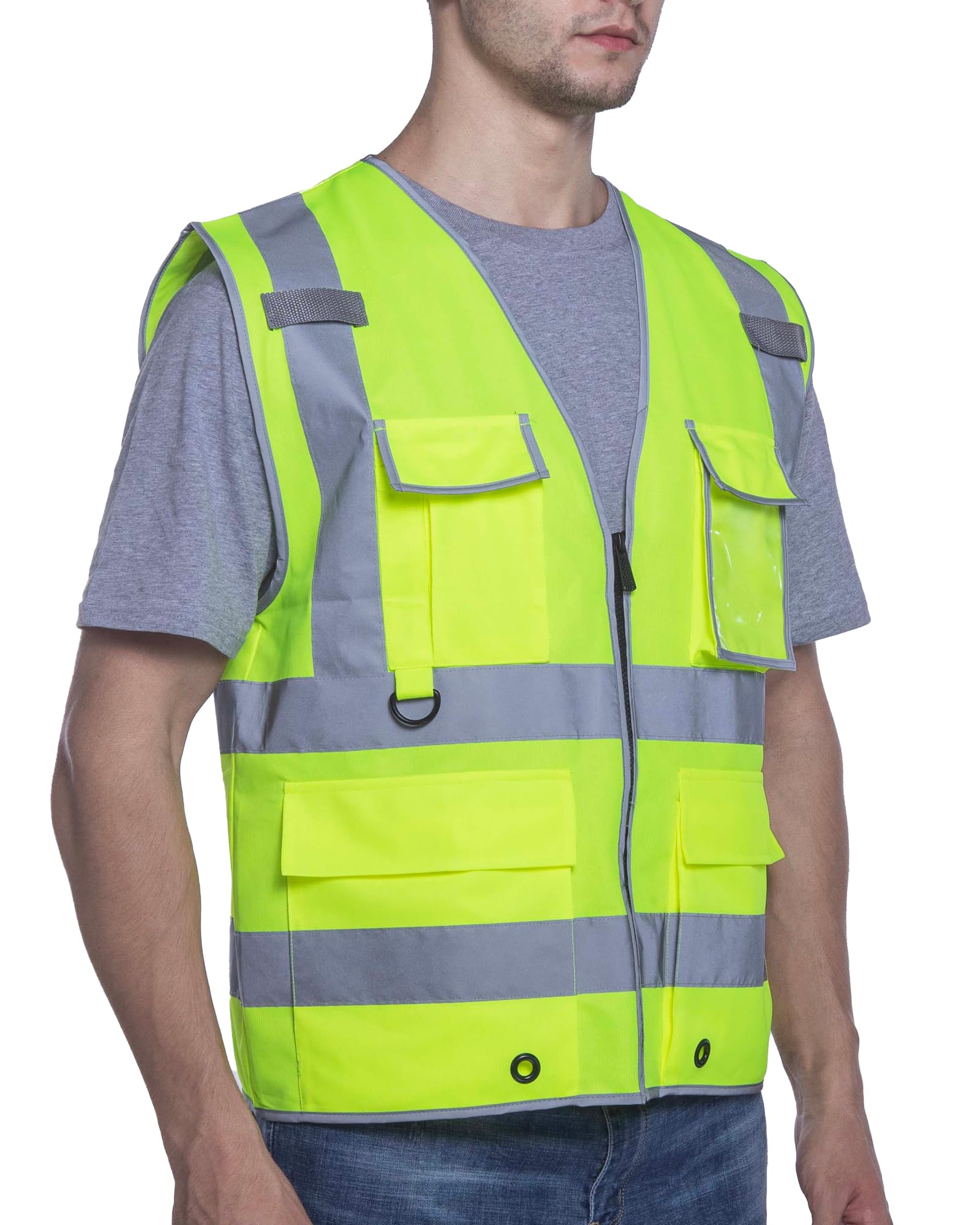 sesafety Safety Vests Reflective with 9 Pockets and Zipper,Class 2 Construction Vest for Men Neon Yellow L