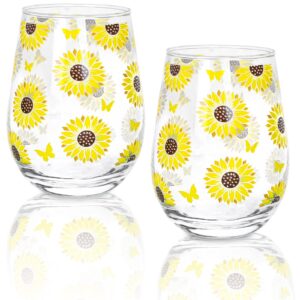 anydesign sunflower stemless wine glasses summer drinking glasses set of 2 yellow flower butterfly glasses for bridal party wedding whiskey beer farmhouse kitchen home decor father's day