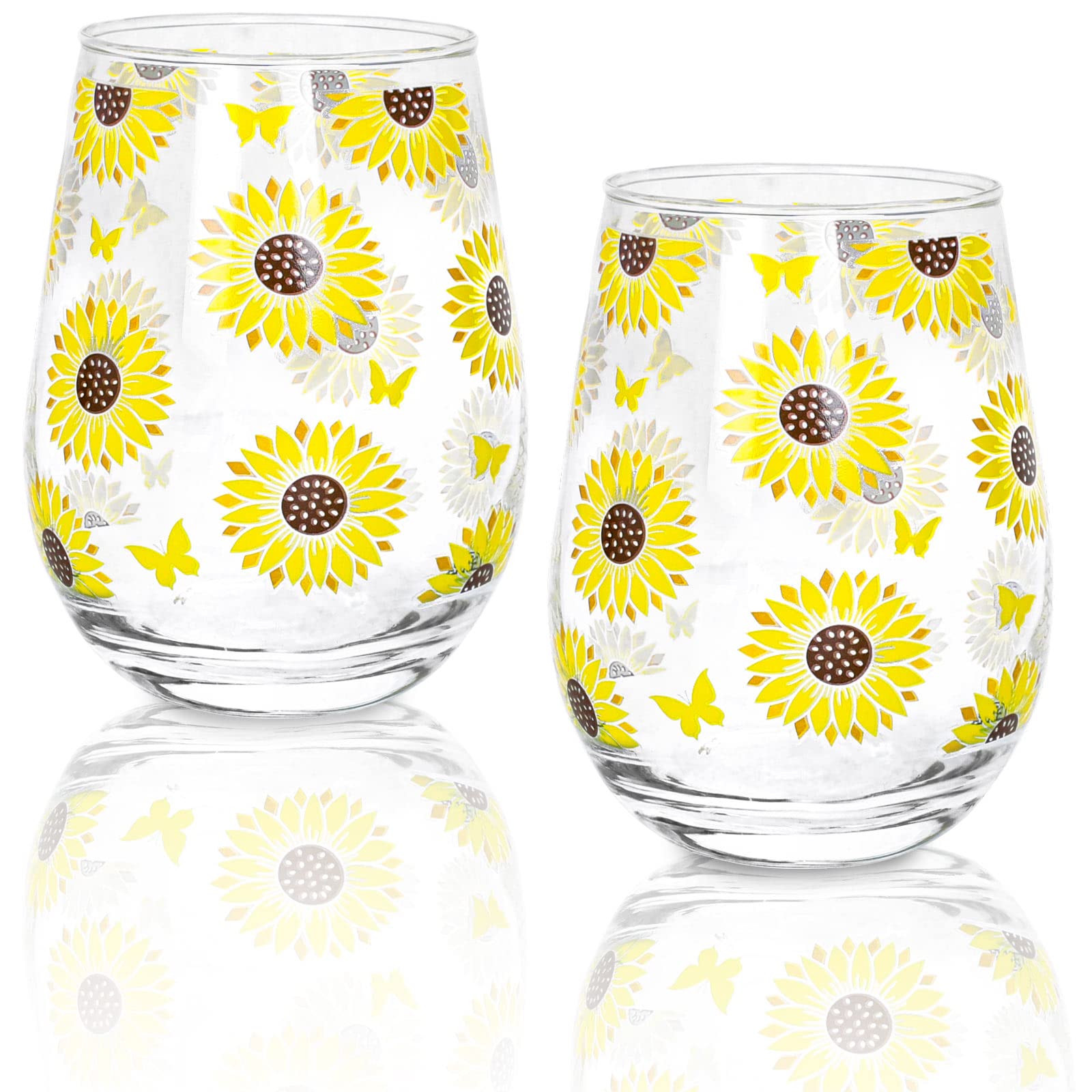 AnyDesign Sunflower Stemless Wine Glasses Summer Drinking Glasses Set of 2 Yellow Flower Butterfly Glasses for Bridal Party Wedding Whiskey Beer Farmhouse Kitchen Home Decor Father's Day