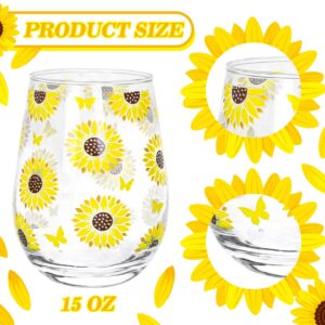 AnyDesign Sunflower Stemless Wine Glasses Summer Drinking Glasses Set of 2 Yellow Flower Butterfly Glasses for Bridal Party Wedding Whiskey Beer Farmhouse Kitchen Home Decor Father's Day