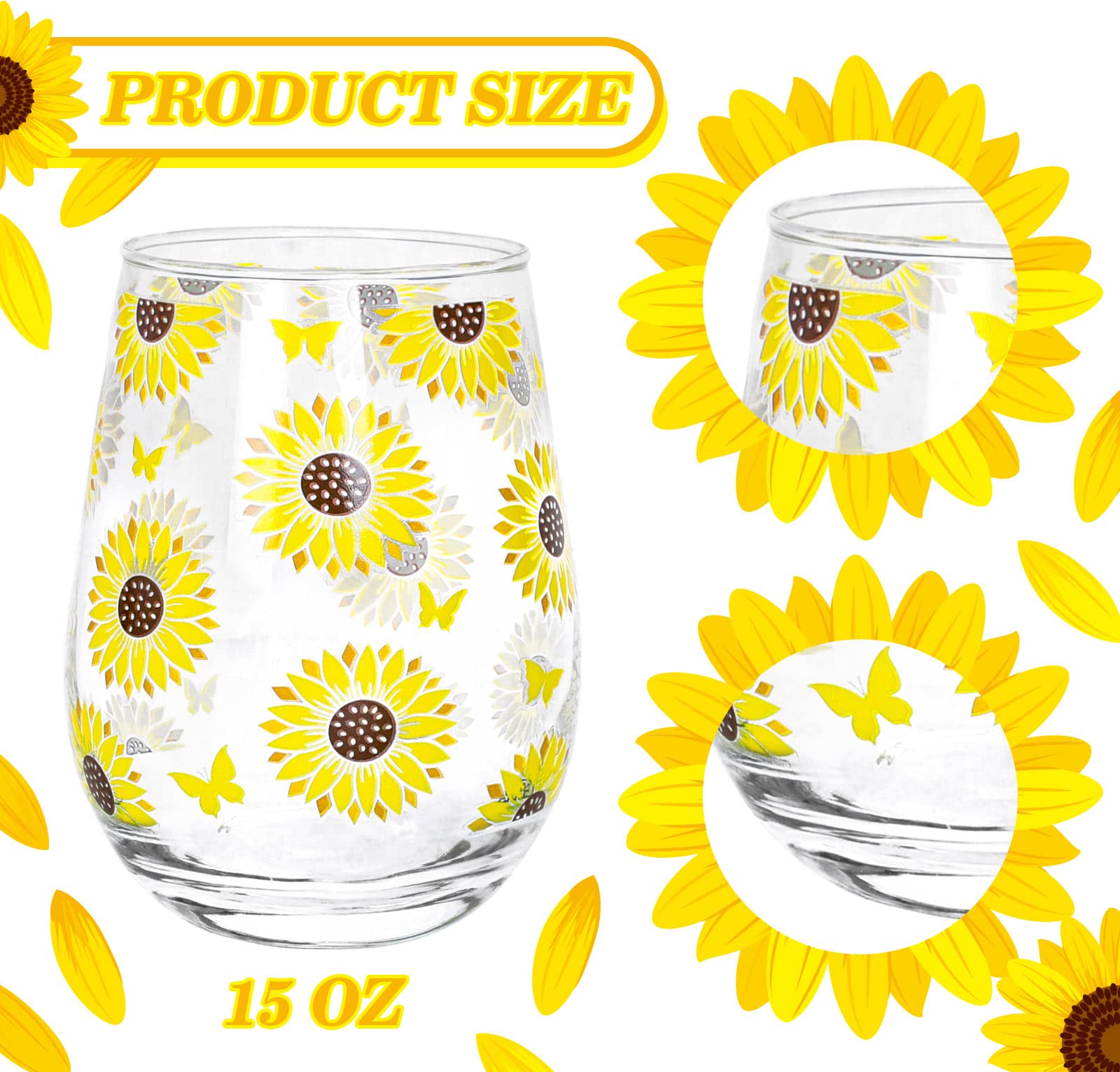 AnyDesign Sunflower Stemless Wine Glasses Summer Drinking Glasses Set of 2 Yellow Flower Butterfly Glasses for Bridal Party Wedding Whiskey Beer Farmhouse Kitchen Home Decor Father's Day