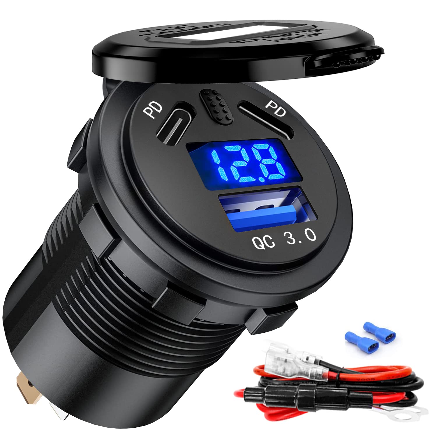 BATIGE 3 Ports Car Charger Socket Dual 45W PD Type C & 18W QC 3.0 with Voltmeter and Button Switch, USB Charger Socket for 12V/24V Car Boat Marine ATV Bus Truck RV Motorcycle