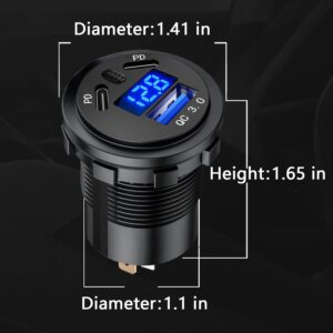 BATIGE 3 Ports Car Charger Socket Dual 45W PD Type C & 18W QC 3.0 with Voltmeter and Button Switch, USB Charger Socket for 12V/24V Car Boat Marine ATV Bus Truck RV Motorcycle