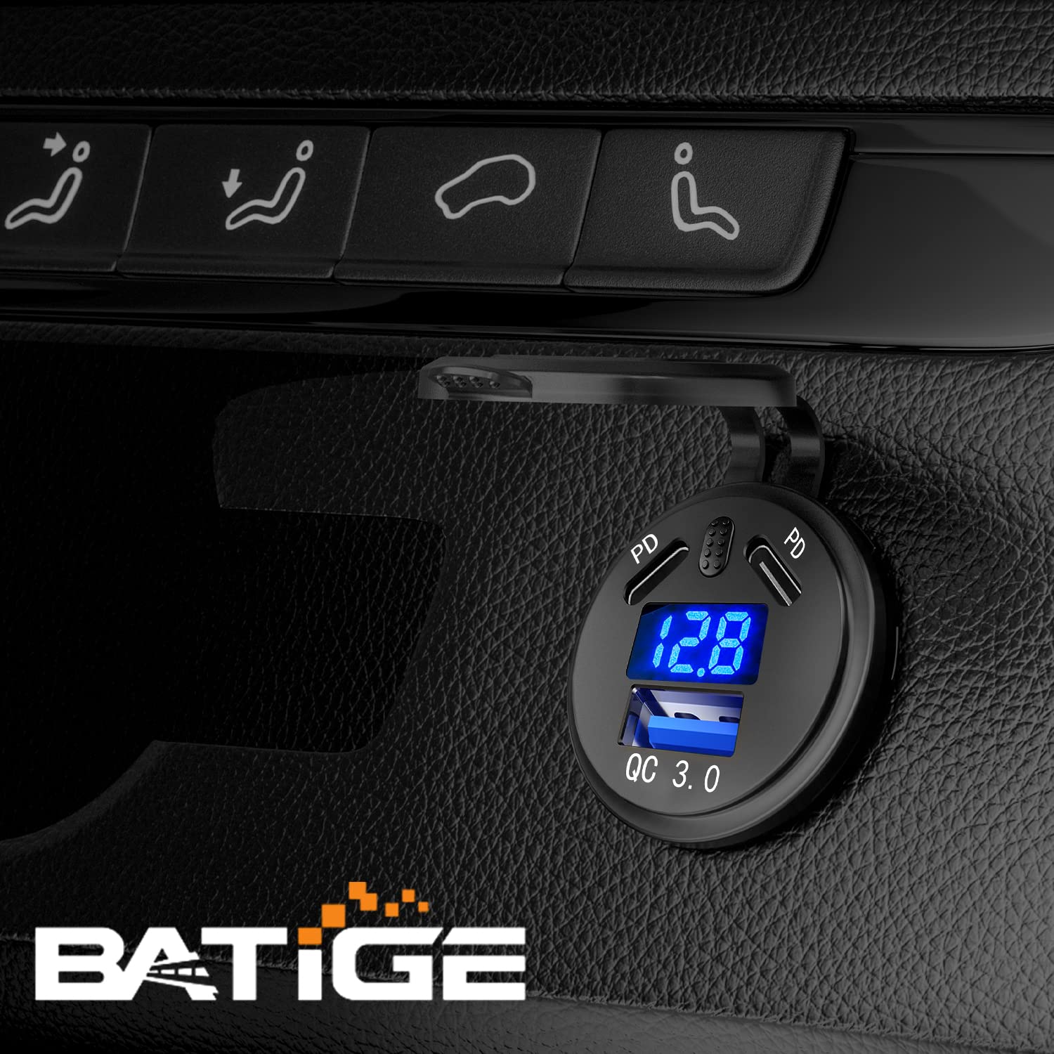 BATIGE 3 Ports Car Charger Socket Dual 45W PD Type C & 18W QC 3.0 with Voltmeter and Button Switch, USB Charger Socket for 12V/24V Car Boat Marine ATV Bus Truck RV Motorcycle