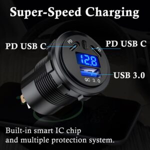 BATIGE 3 Ports Car Charger Socket Dual 45W PD Type C & 18W QC 3.0 with Voltmeter and Button Switch, USB Charger Socket for 12V/24V Car Boat Marine ATV Bus Truck RV Motorcycle