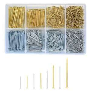 youyidun-820 pcs nail assortment kit, small nails for hanging pictures, finishing hardware nails, 8 sizes gold/silver assorted wall nails for pictures hanging, woodworking, drywall, concrete pin nails