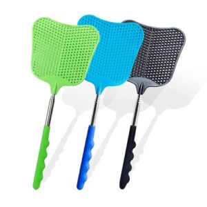 trism 3-piece fly swatter set - extendable stainless steel handle, flexible and durable for home, garden, classroom, and office