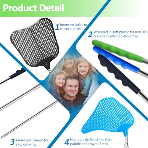 Trism 3-Piece Fly Swatter Set - Extendable Stainless Steel Handle, Flexible and Durable for Home, Garden, Classroom, and Office