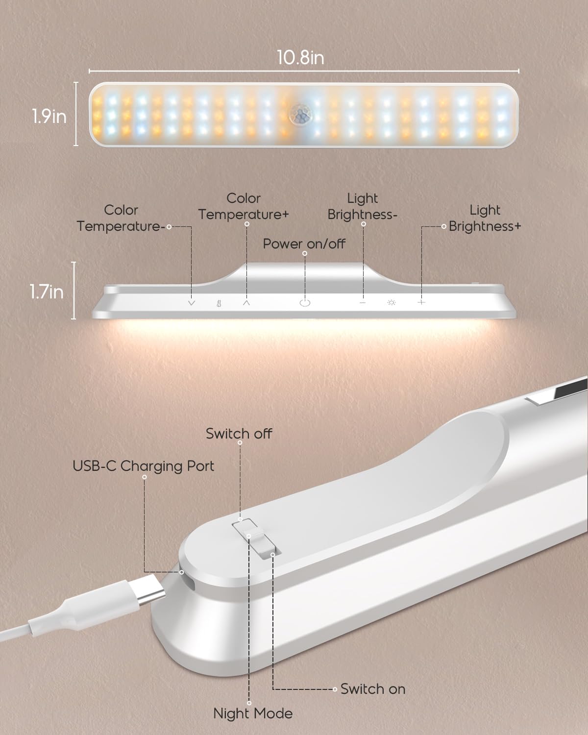 Rossetta Under Cabinet Lights, 78 LED Battery Operated Lights Closet Lights Motion Sensor Light Indoor, Wireless Rechargeable Night Light Under Cabinet Lighting for Kitchen Closet Stairs Hallway