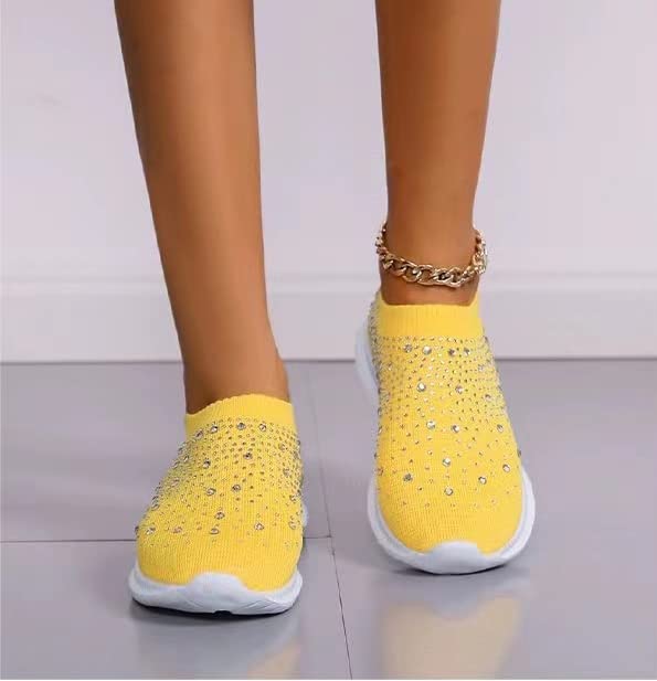 IMPREMEY Women's Sparkle and Shine Rhinestone Glitter Slip-on Mesh Walking Shoe with Non-Slip Sole Yellow