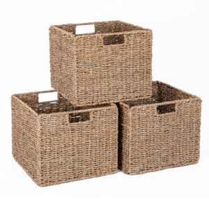 seagrass storage baskets, 12x12x10in cube wicker storage basket for shelves, pantry baskets organization and storage, kitchen storage baskets, bathroom shelves storage basket, basket set of 3