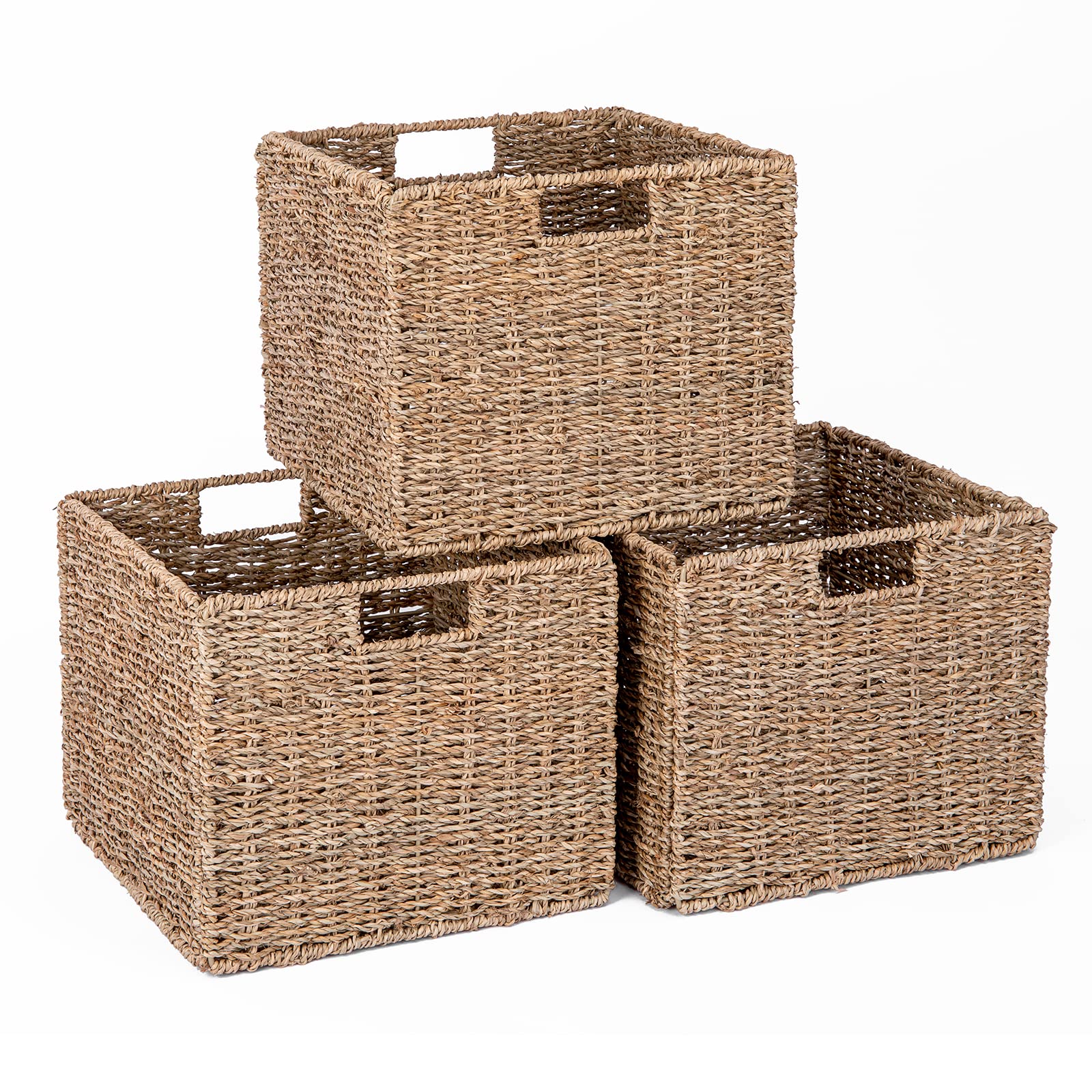 Seagrass Storage Baskets, 12X12X10in Cube Wicker Storage Basket for Shelves, Pantry Baskets Organization and Storage, Kitchen Storage Baskets, Bathroom Shelves Storage Basket, Basket Set of 3