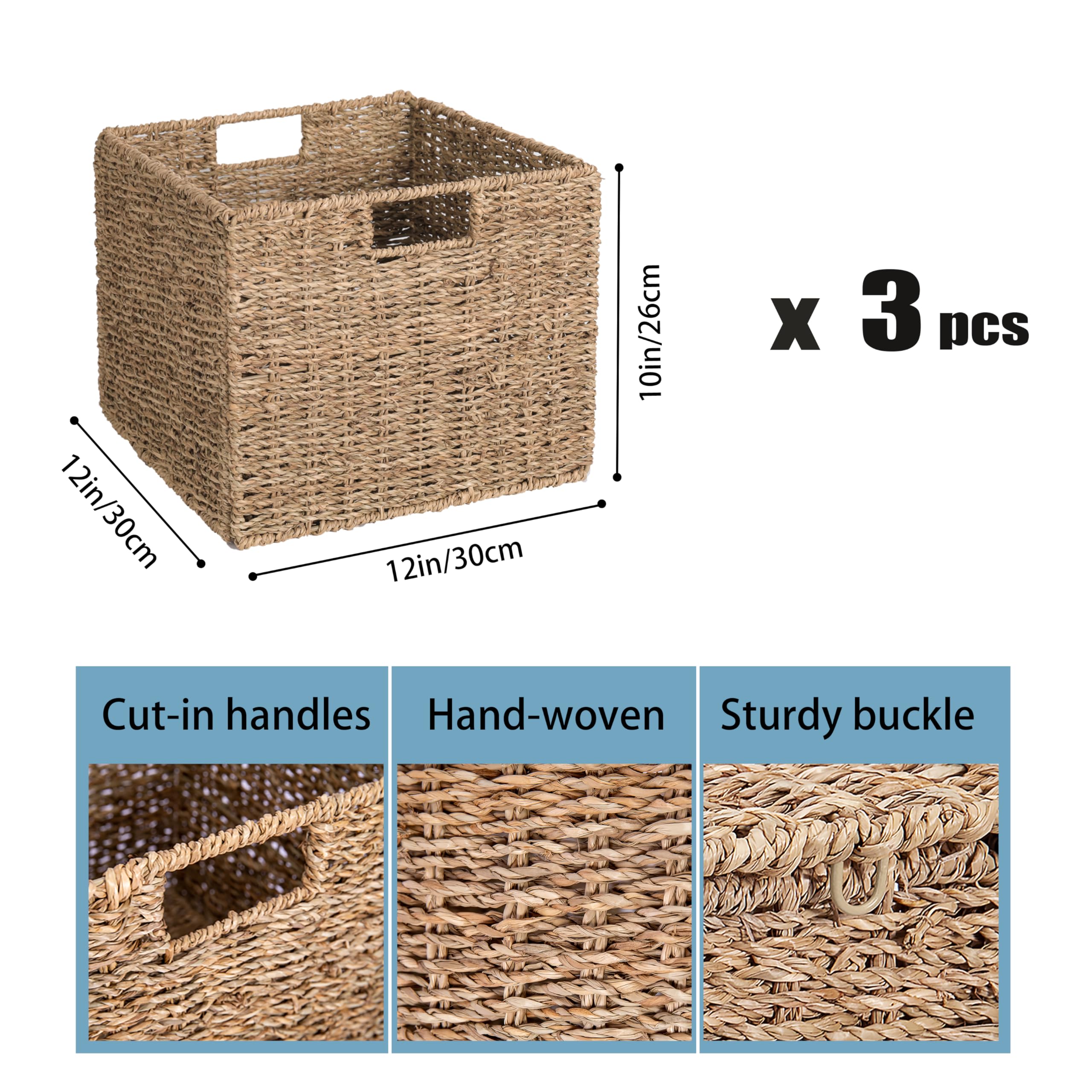 Seagrass Storage Baskets, 12X12X10in Cube Wicker Storage Basket for Shelves, Pantry Baskets Organization and Storage, Kitchen Storage Baskets, Bathroom Shelves Storage Basket, Basket Set of 3