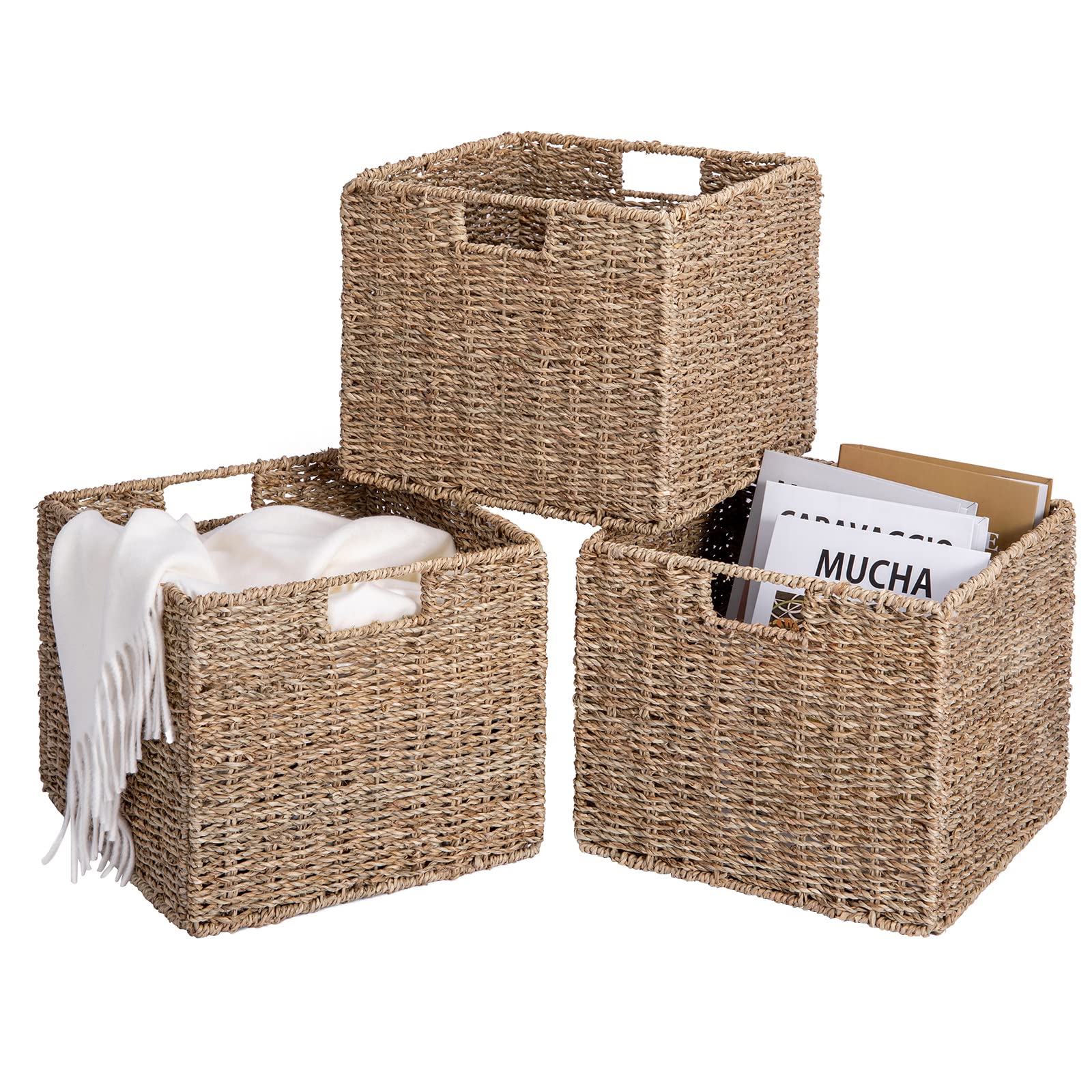 Seagrass Storage Baskets, 12X12X10in Cube Wicker Storage Basket for Shelves, Pantry Baskets Organization and Storage, Kitchen Storage Baskets, Bathroom Shelves Storage Basket, Basket Set of 3