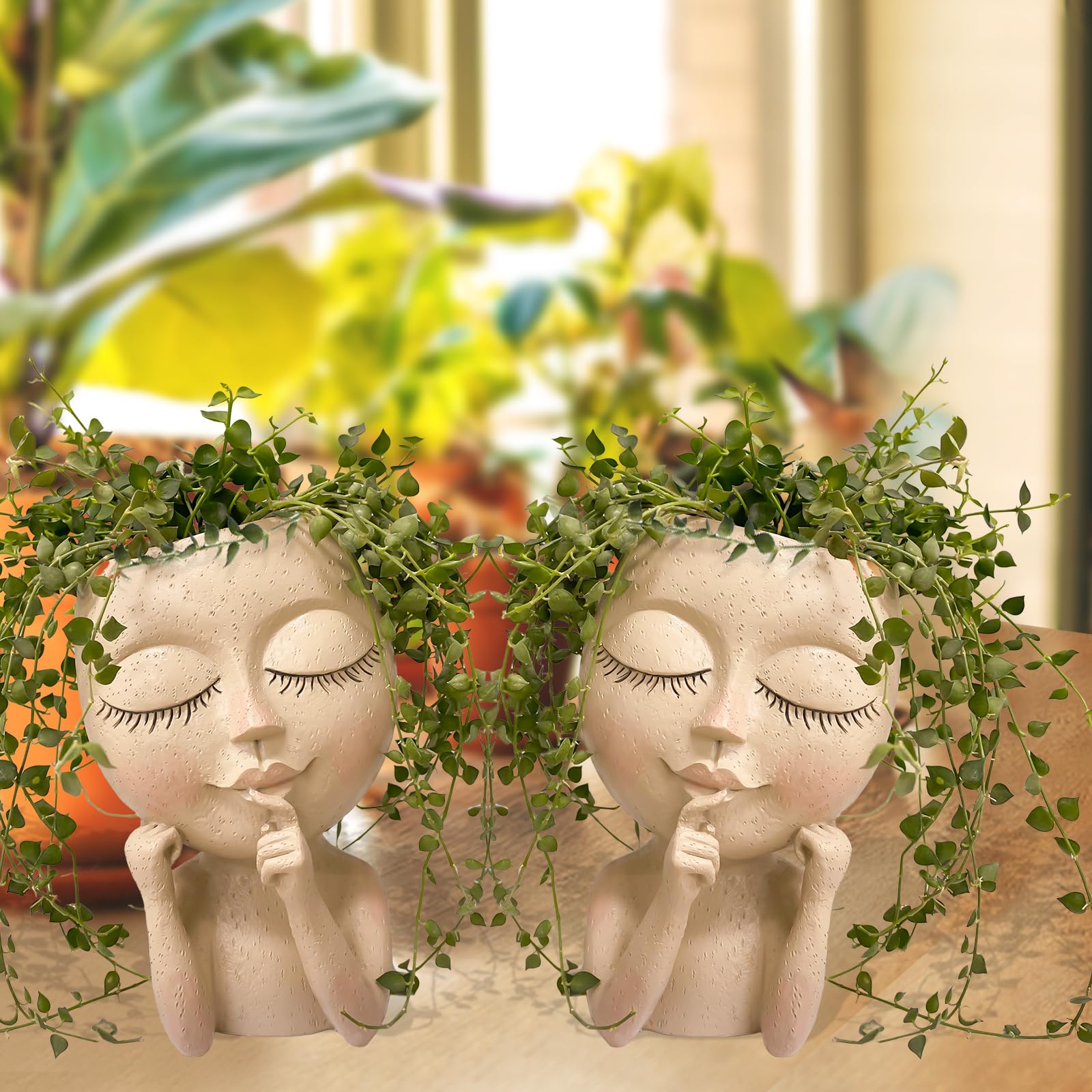 hismocal 2 Pack Face Planters Pots Head, Resin Face Flower Pot Head Planter Indoor/Outdoor for Home Decor As Friends Gifts, Succulent Pots with Drainage Hole Closed Eyes(Large Size)