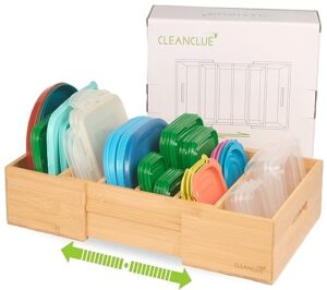 cleanclue expandable kitchen cabinet organizer for food storage container lids, bamboo drawer caddy adjustable dividers, box for kitchen storage and organization, lids organizer for cabinet (natural)