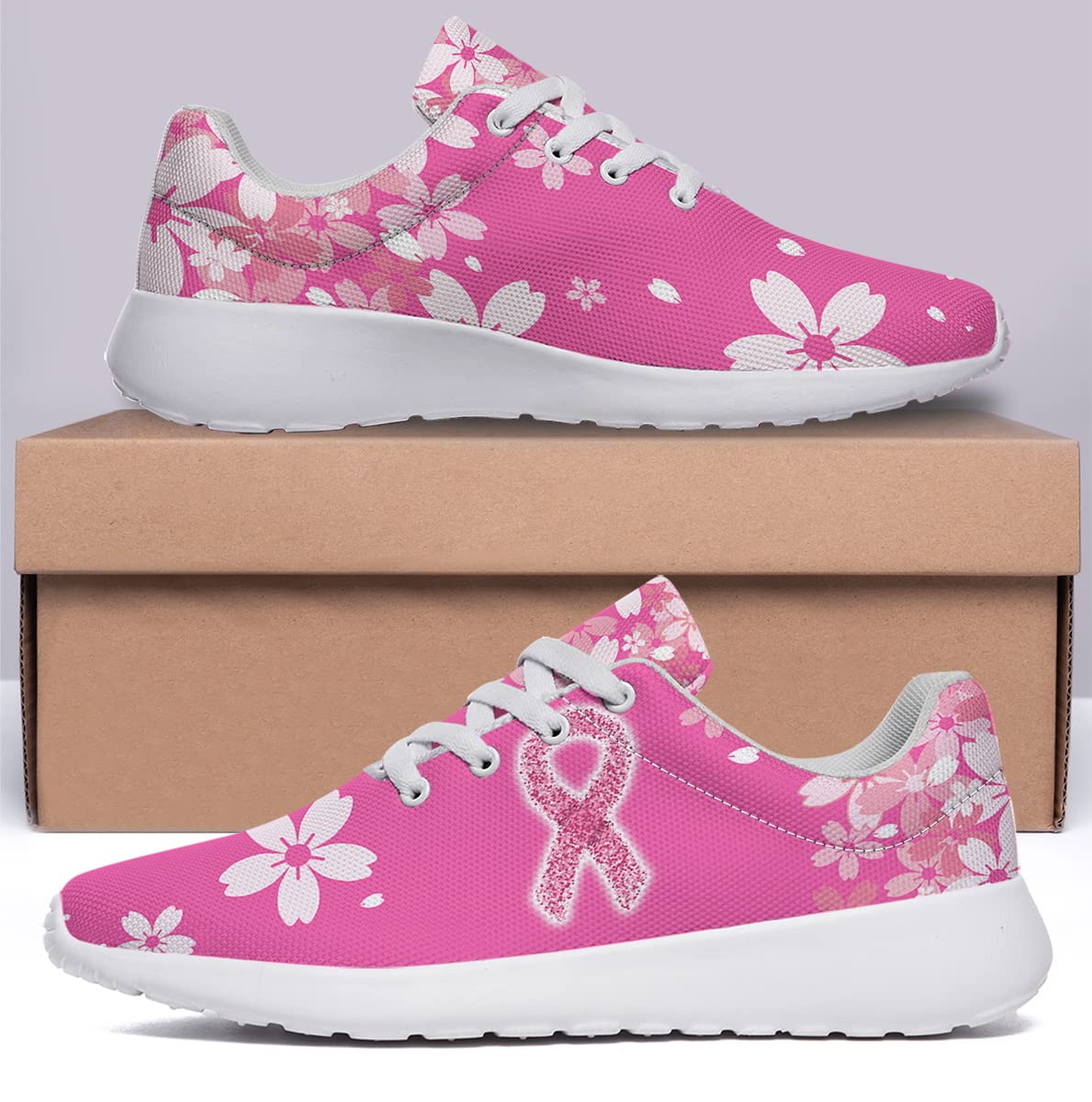 Breast Cancer Awareness Shoes Women Fashion Ultra Lightweight Running Sneakers Pink Ribbon Print Walking Tennis Shoes Gift for Her White Size 8