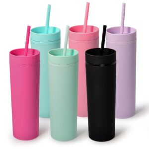 sweet grain multicolor skinny tumblers with lids and straws(6 pack) - 16oz matte pastel colored skinny acrylic tumblers, double wall plastic tall skinny tumblers bulk for cold hot drinks