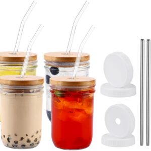 Moretoes Mason Jar Cups with Lids and Straws, 4pcs 16oz Glass Iced Coffee Cups, Drinking Glasses Set, Reusable Boba Bottle, Cute Travel Tumbler Cup, Smoothie Cup