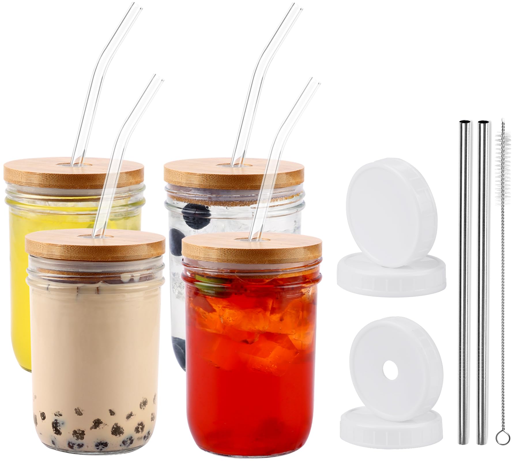 Moretoes Mason Jar Cups with Lids and Straws, 4pcs 16oz Glass Iced Coffee Cups, Drinking Glasses Set, Reusable Boba Bottle, Cute Travel Tumbler Cup, Smoothie Cup