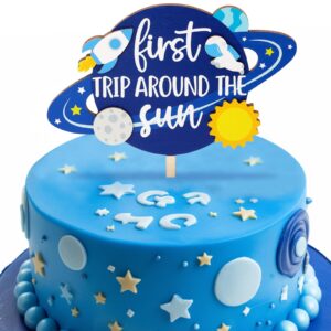 Huray Rayho First Trip Around the Sun One Cake Topper Outer Space Wooden Cake Decorations Cake Smash Topper for Boys Solar System 1st Birthday Party Galaxy Party Supplies