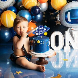 Huray Rayho First Trip Around the Sun One Cake Topper Outer Space Wooden Cake Decorations Cake Smash Topper for Boys Solar System 1st Birthday Party Galaxy Party Supplies