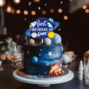 Huray Rayho First Trip Around the Sun One Cake Topper Outer Space Wooden Cake Decorations Cake Smash Topper for Boys Solar System 1st Birthday Party Galaxy Party Supplies