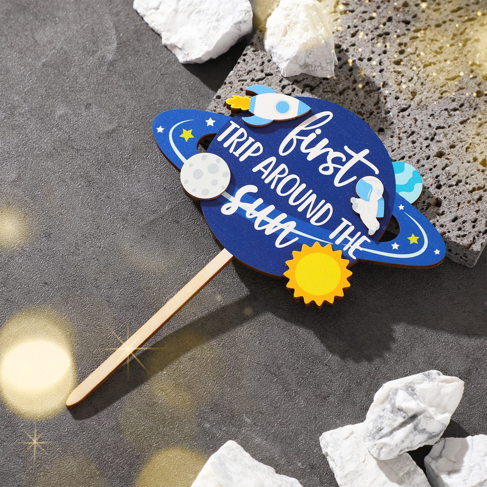 Huray Rayho First Trip Around the Sun One Cake Topper Outer Space Wooden Cake Decorations Cake Smash Topper for Boys Solar System 1st Birthday Party Galaxy Party Supplies