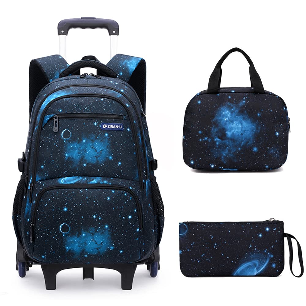 Mildame Galaxy Print Rolling Backpack for School Boys Girls with Lunch Bag Teens Bookbag with Wheels Kids Trolley Bag Set, Six Wheels