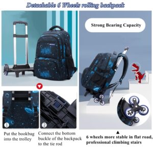 Mildame Galaxy Print Rolling Backpack for School Boys Girls with Lunch Bag Teens Bookbag with Wheels Kids Trolley Bag Set, Six Wheels