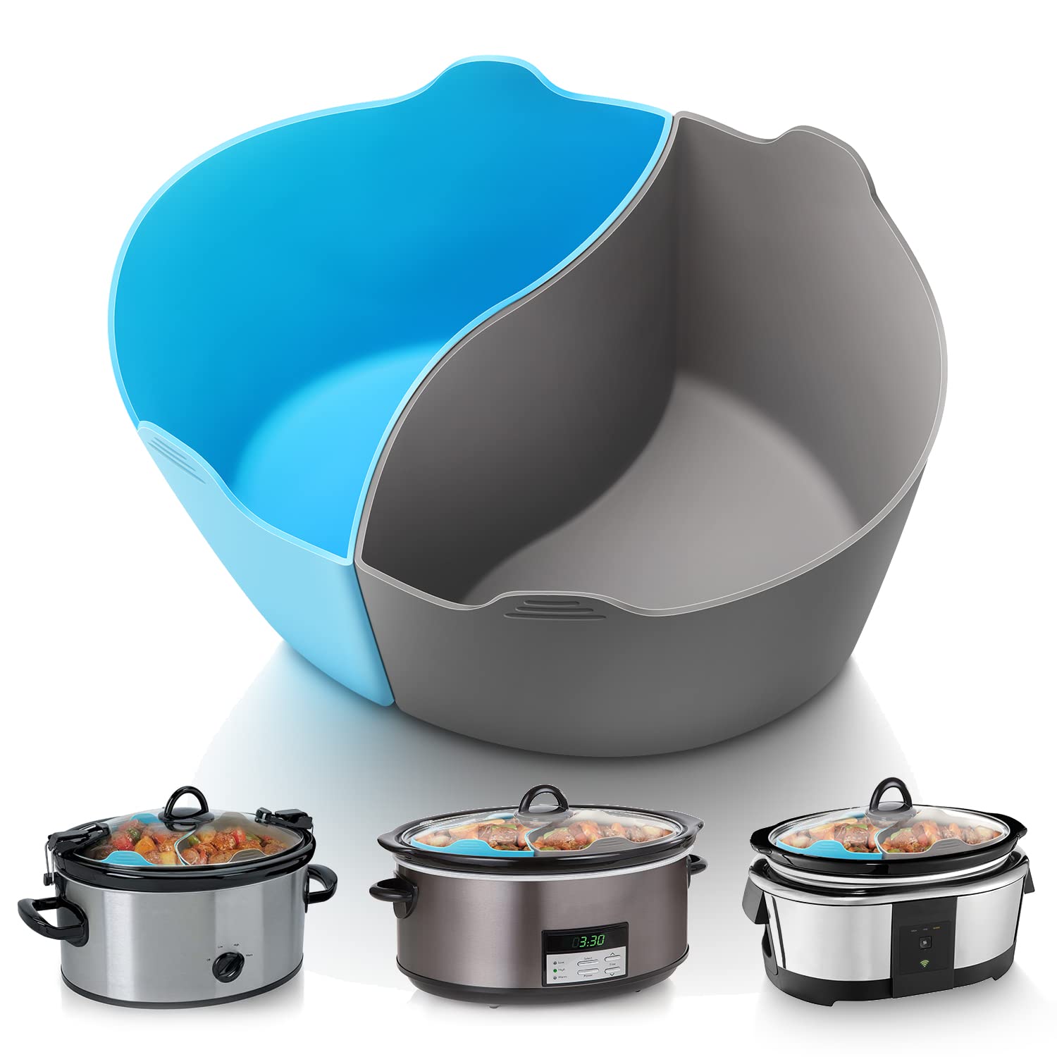 MONVIE Slow Cooker Liners Compatible for Crock Pot 6 Quart, 2Packs Silicone Cooking Liners Reusable, Dishwasher Safe, BPA Free (Grey+Blue)