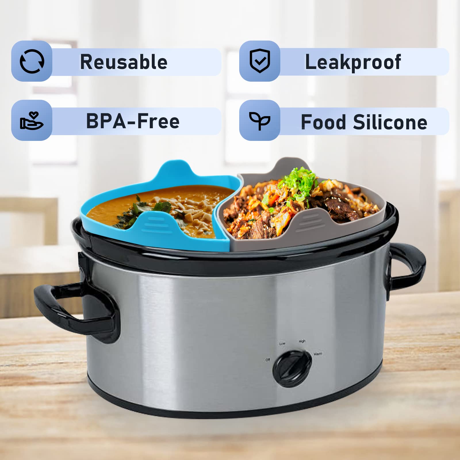 MONVIE Slow Cooker Liners Compatible for Crock Pot 6 Quart, 2Packs Silicone Cooking Liners Reusable, Dishwasher Safe, BPA Free (Grey+Blue)