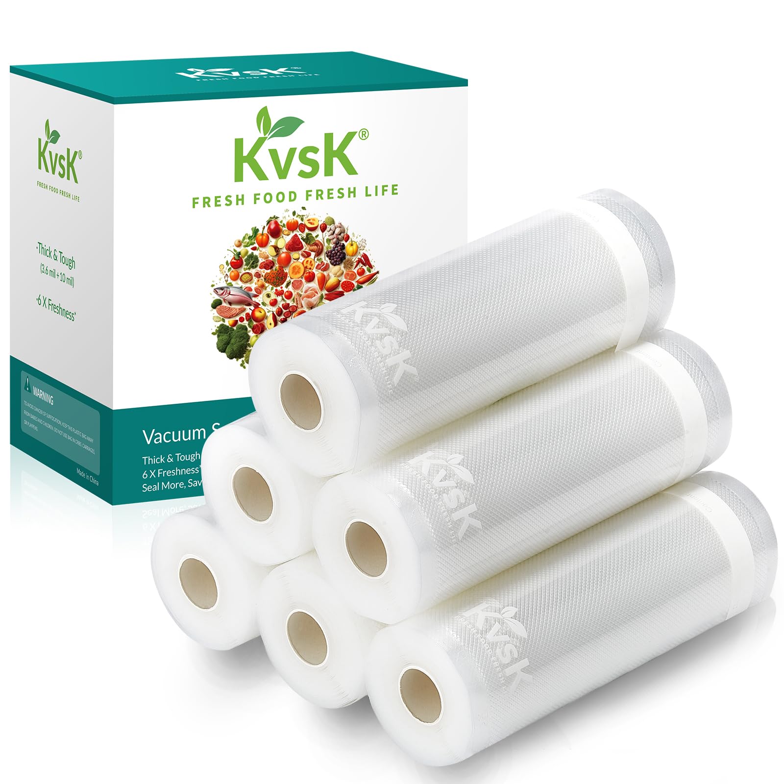 KVSK Vacuum Sealer Food Bags 8" x 20', 6 Rolls (Pack of 6) - Compatible with FoodSaver, Weston Machines | 3.6mil + 10mil Thickness | Prevent Freezer Burns, Tear-Resistant, Leak-Proof