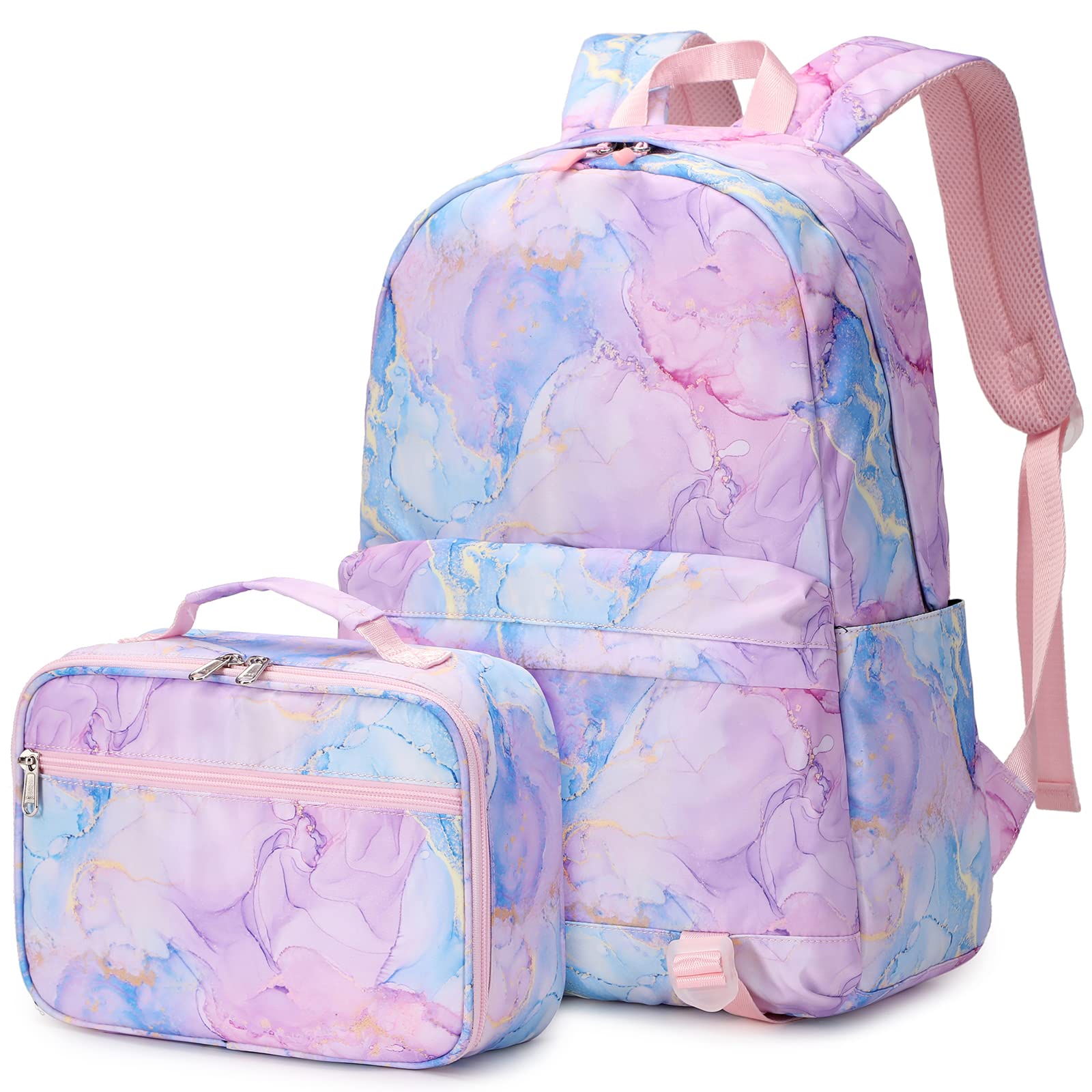 Createy Marble Backpack for Girls School Backpack with Lunch Box Kids Backpack Bookbags School Bag Set for Preschool Primary Elementary Students