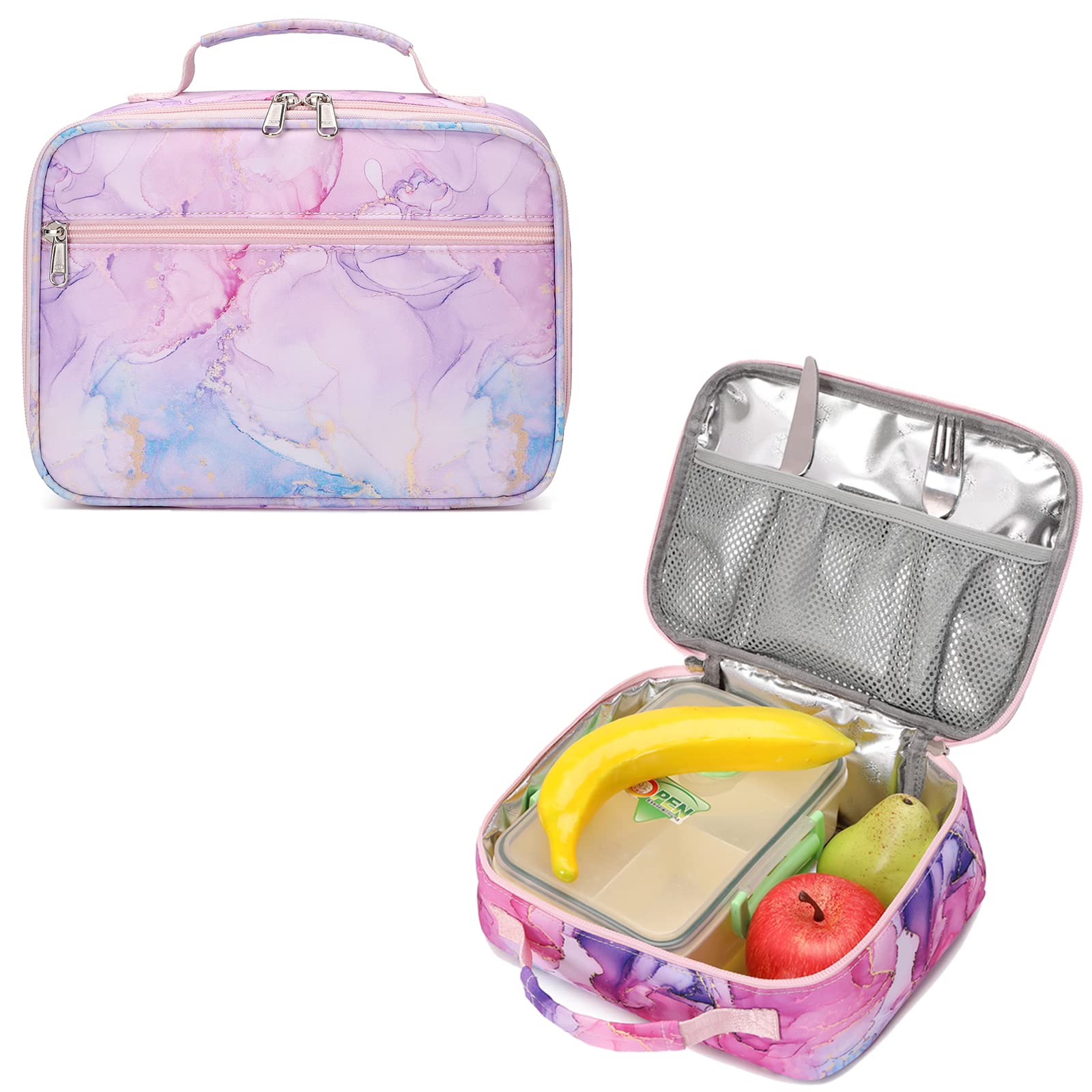 Createy Marble Backpack for Girls School Backpack with Lunch Box Kids Backpack Bookbags School Bag Set for Preschool Primary Elementary Students