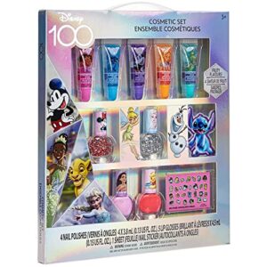 Disney 100 Sparkly Cosmetic Makeup Set for Girls with Lip Gloss Nail Polish Nail Stickers - 11 Pcs|Perfect for Parties Sleepovers Makeovers| Birthday Gift for Girls 3+