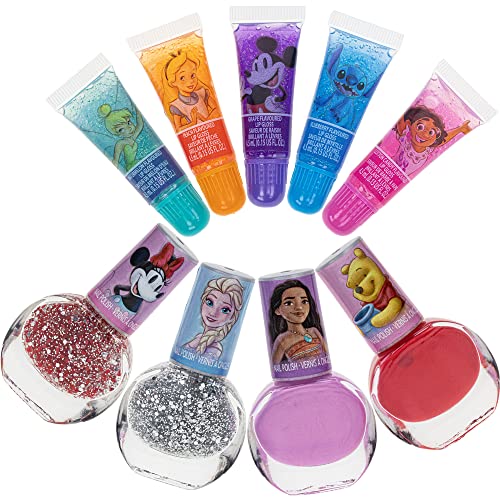 Disney 100 Sparkly Cosmetic Makeup Set for Girls with Lip Gloss Nail Polish Nail Stickers - 11 Pcs|Perfect for Parties Sleepovers Makeovers| Birthday Gift for Girls 3+